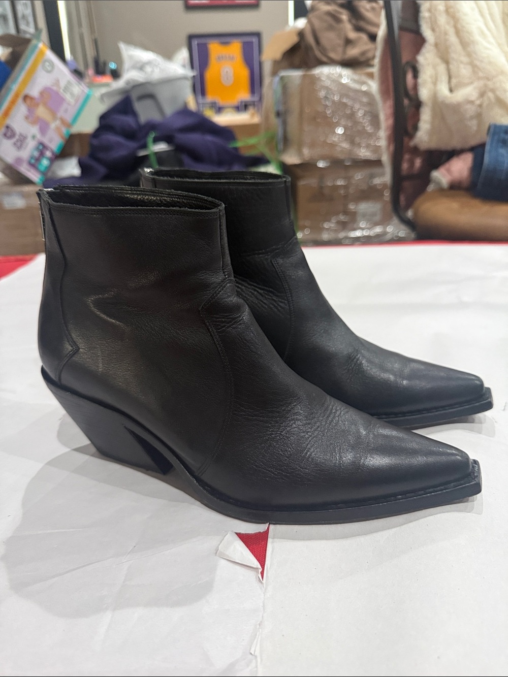 Annie bing Sleek Pointed Toe Black Leather Ankle Boots